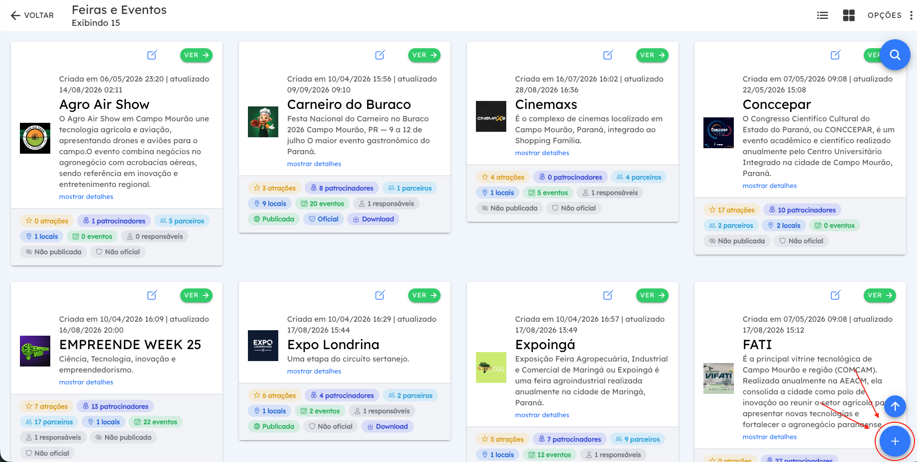 Tela de listagem Áreas de Membros destacando o criar feiras no Atla Empresas