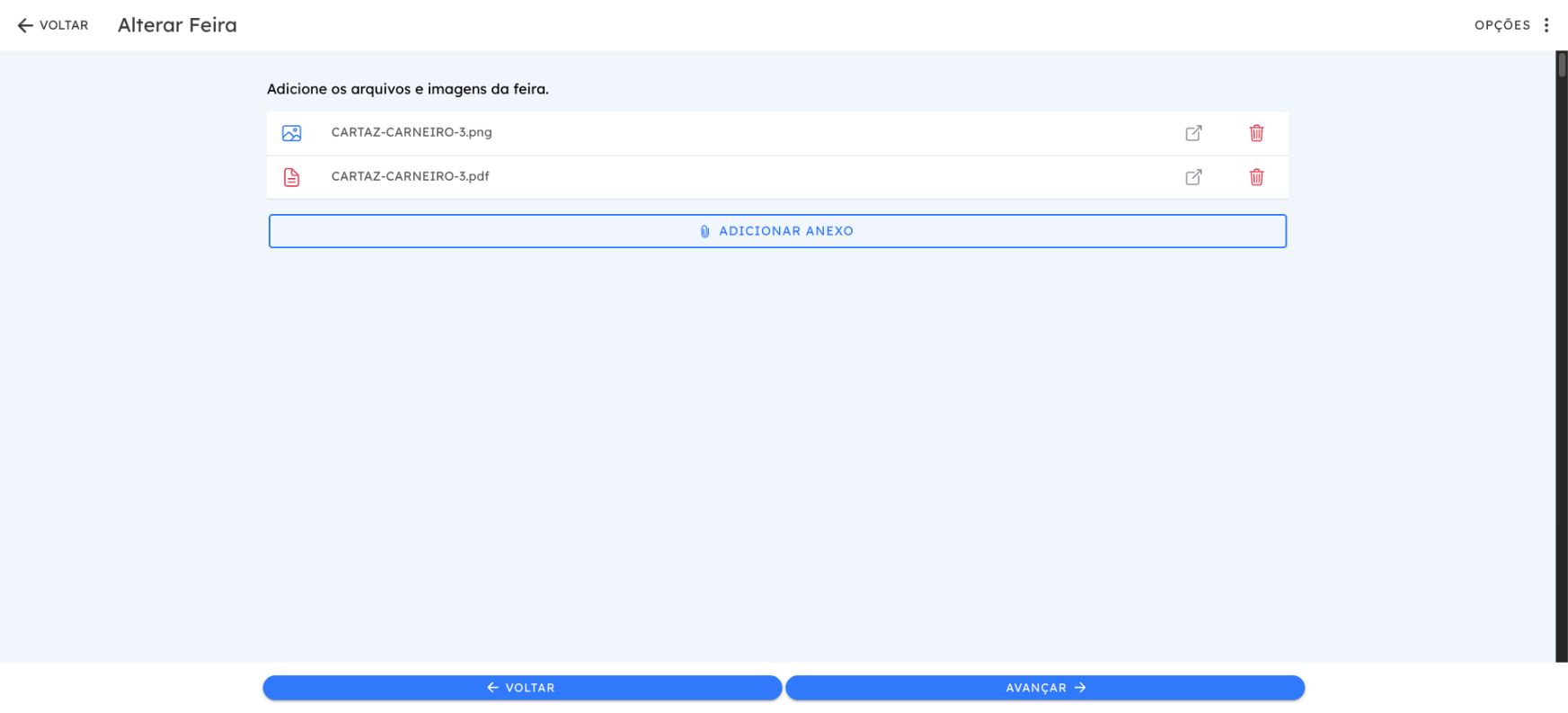 Etapa Anexos com arquivos enviados e botão Adicionar Anexo
