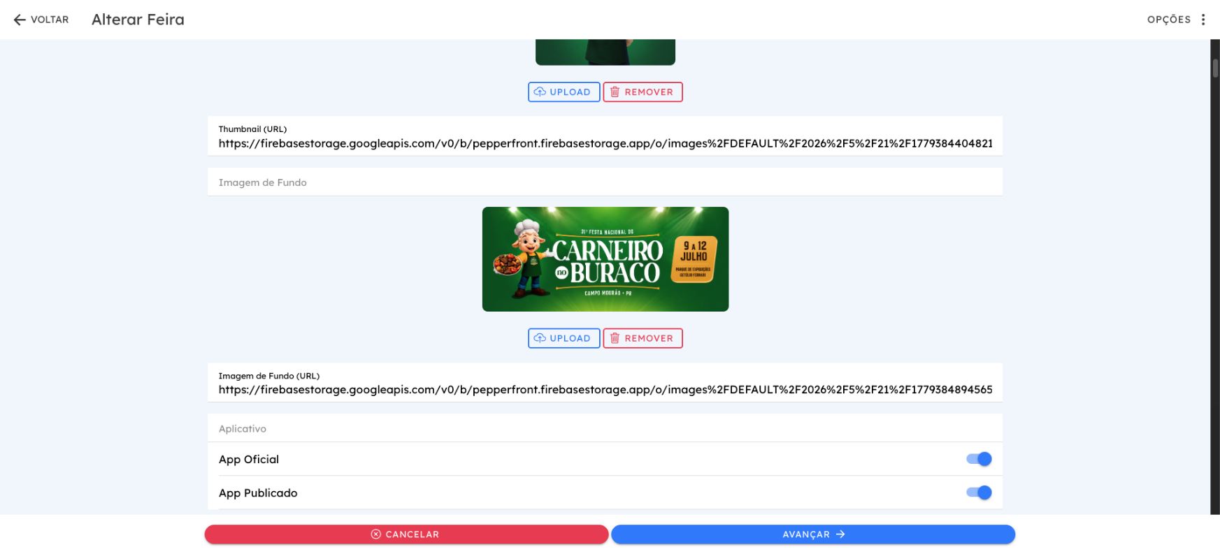 Prévia da imagem de fundo e controles de upload na edição da Área de Membros