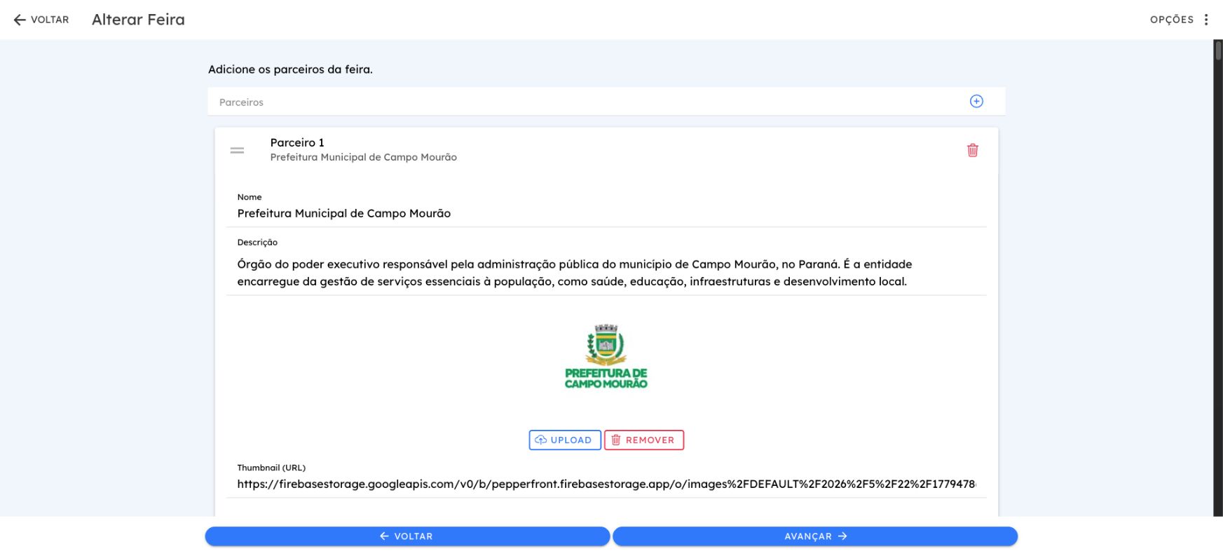 Etapa de Parceiros com o botão de adição e um parceiro cadastrado