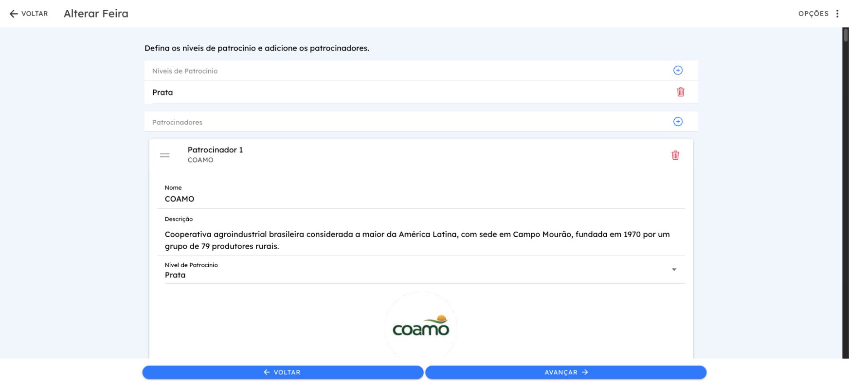 Etapa de Patrocinadores com nível de patrocínio e patrocinador cadastrado