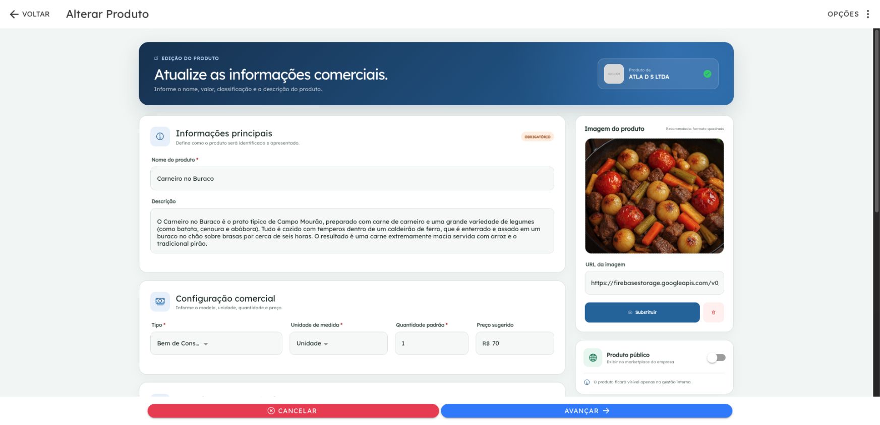 Tela Editar Produto com prévia da imagem e controle Produto público