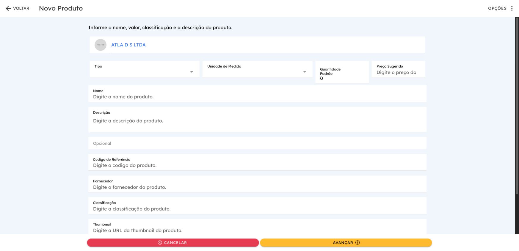 Formulário Novo Produto com os campos de cadastro