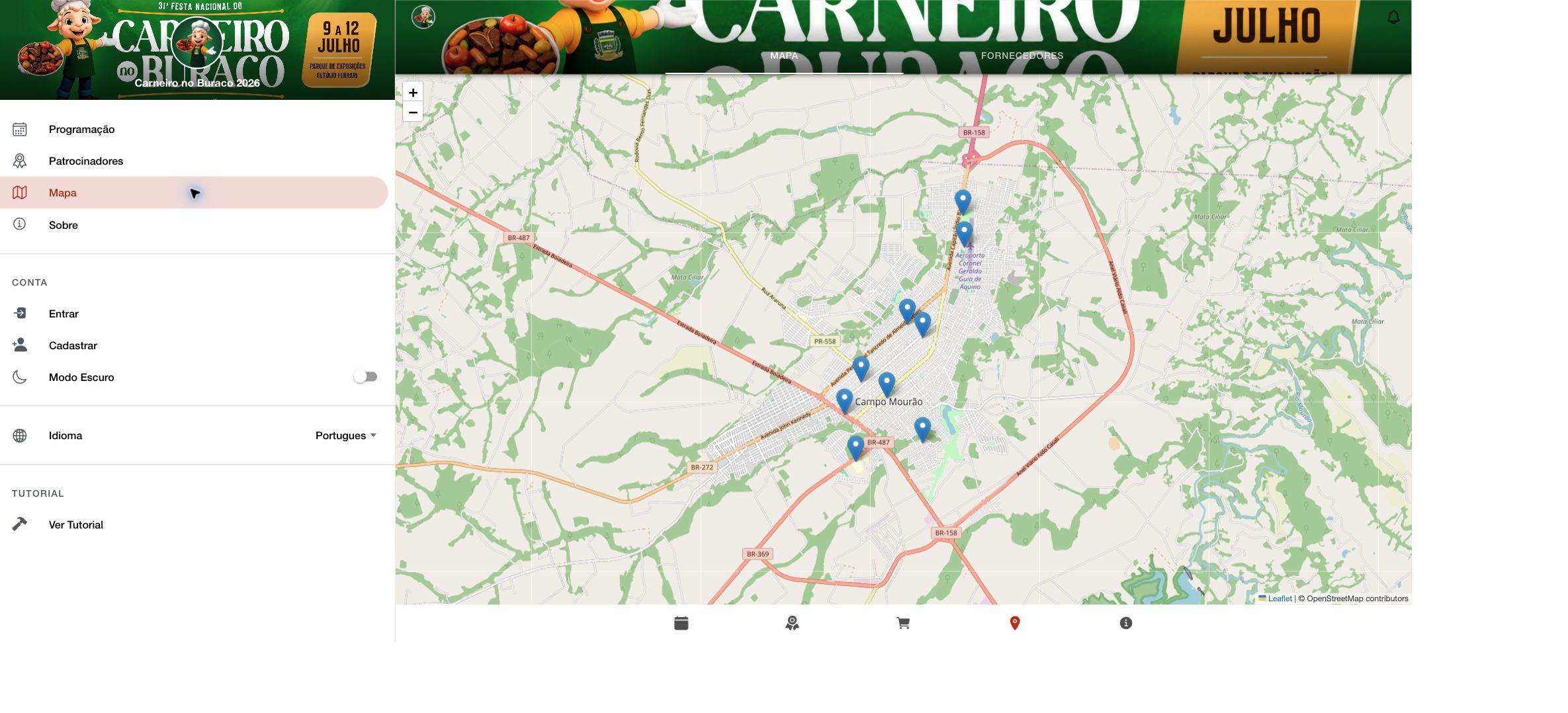 Mapa de locais no aplicativo Sabine Carneiro no Buraco