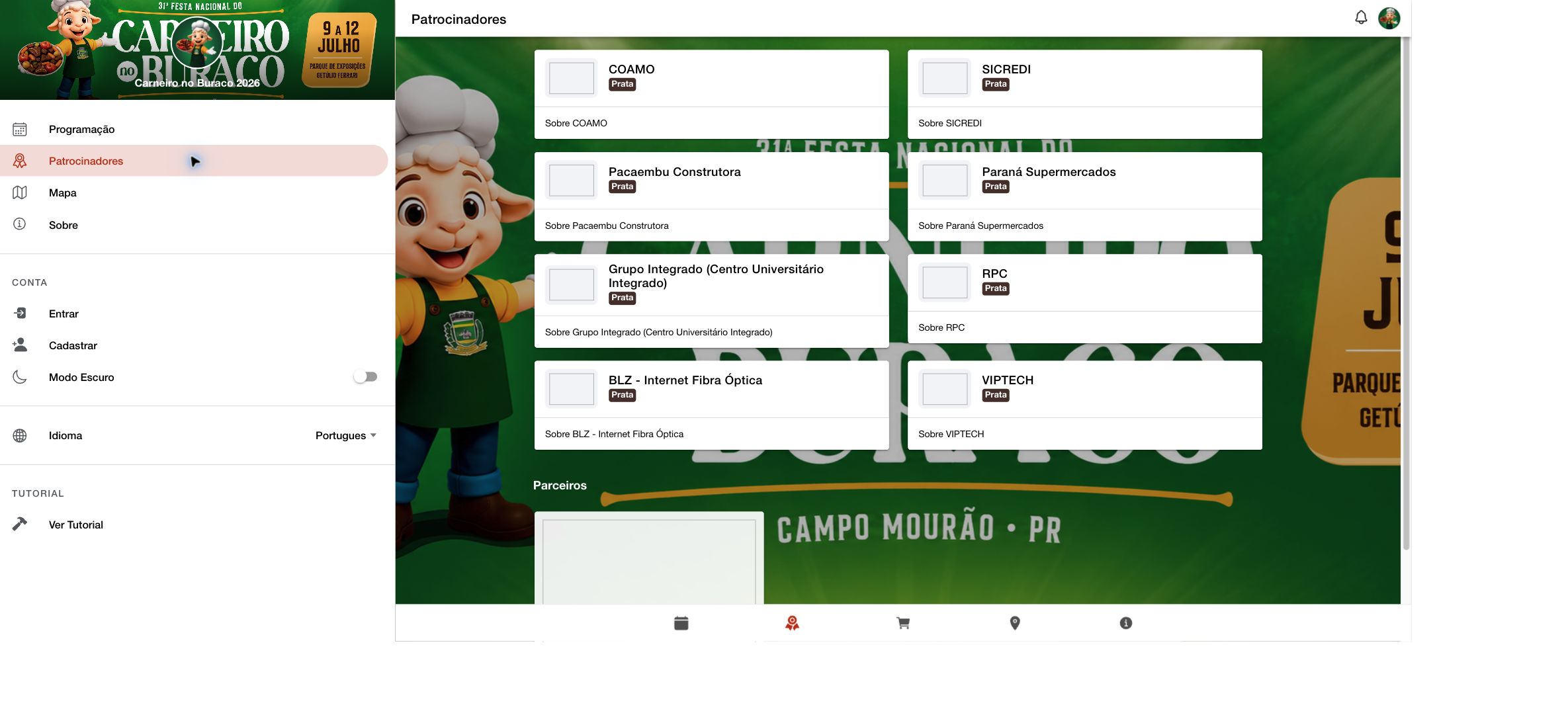 Patrocinadores exibidos no aplicativo Sabine Carneiro no Buraco