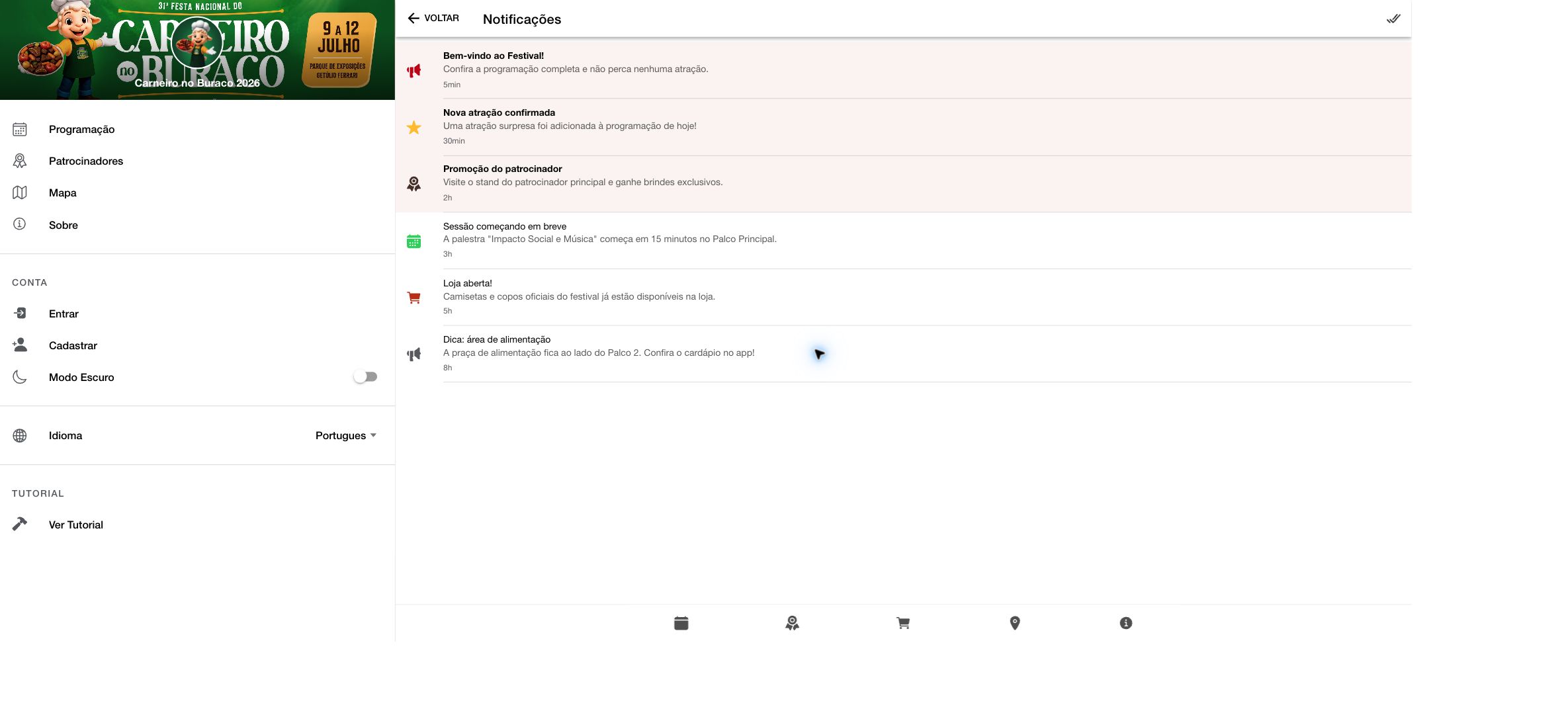 Notificações recebidas no aplicativo Sabine